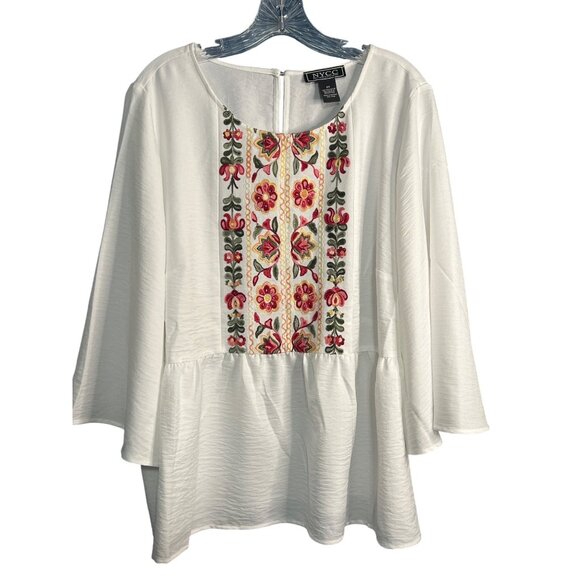 NYCC Womens 2X White Blouse With Floral Embroidery - Picture 1 of 8